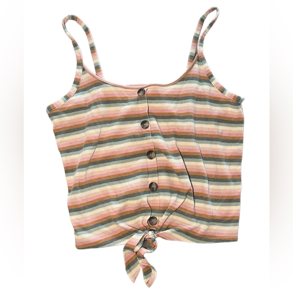 American Eagle XL Cropped Tie Top in Striped Multicolor with Buttons